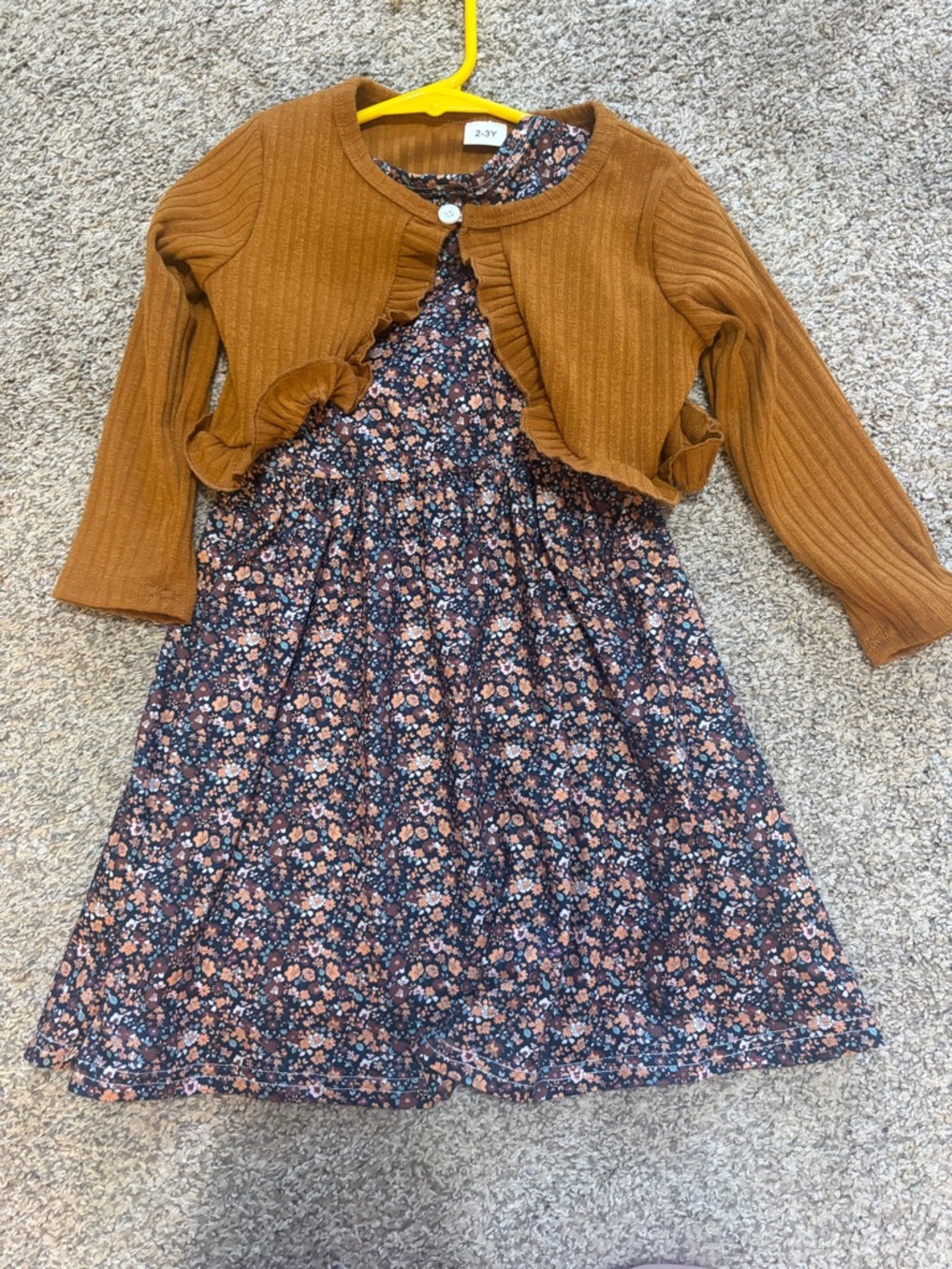 Girls Floral Navy Dress with Rust Cardigan